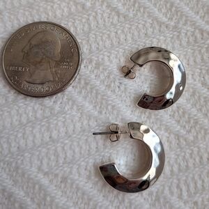 Polished Hammered Crescent Hoop Earrings - Silver